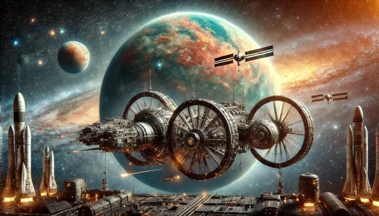 hard sci fi books featured image space station in front of planet and galaxy