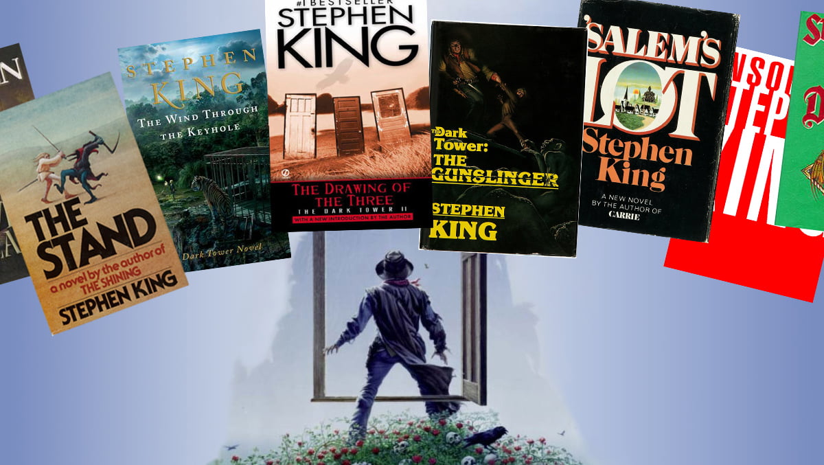 stephen king's dark tower reading order books on top of michael whelan artwork