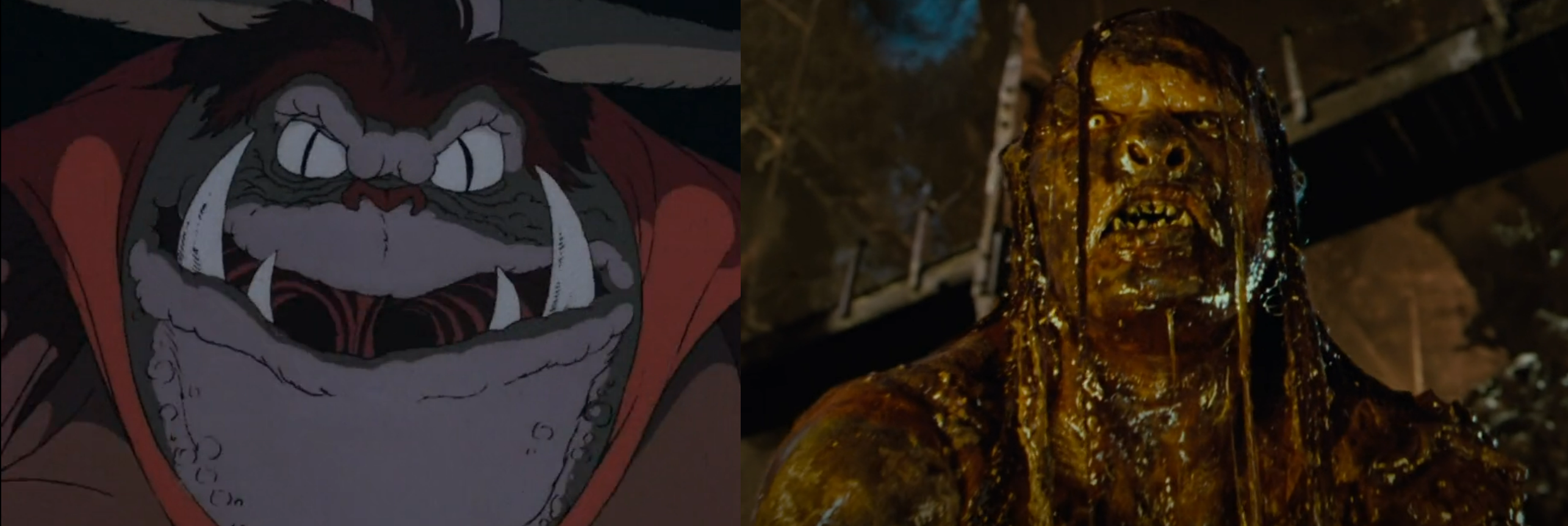 An image of a goblin from Rankin-Bass' The Hobbit (1977) and an orc from Peter Jackson's Lord of the Rings: The Fellowship of the Ring.