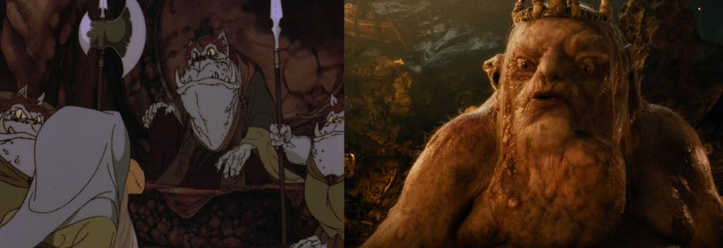 An image of the Goblin Kings from the Rankin-Bass Lord of the Rings contrasted with the Goblin King from the more recent live-action Hobbit. The live-action one looks more "orc-y". 